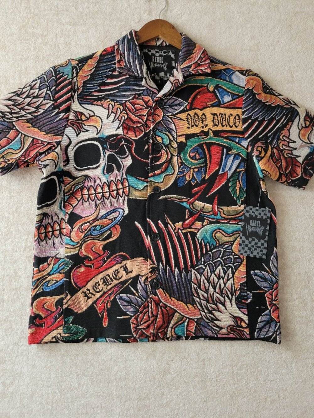 Rebel Vengeance Non Ducor Tapestry Shirt Small Mens Red Black Skull Flash Art Ta